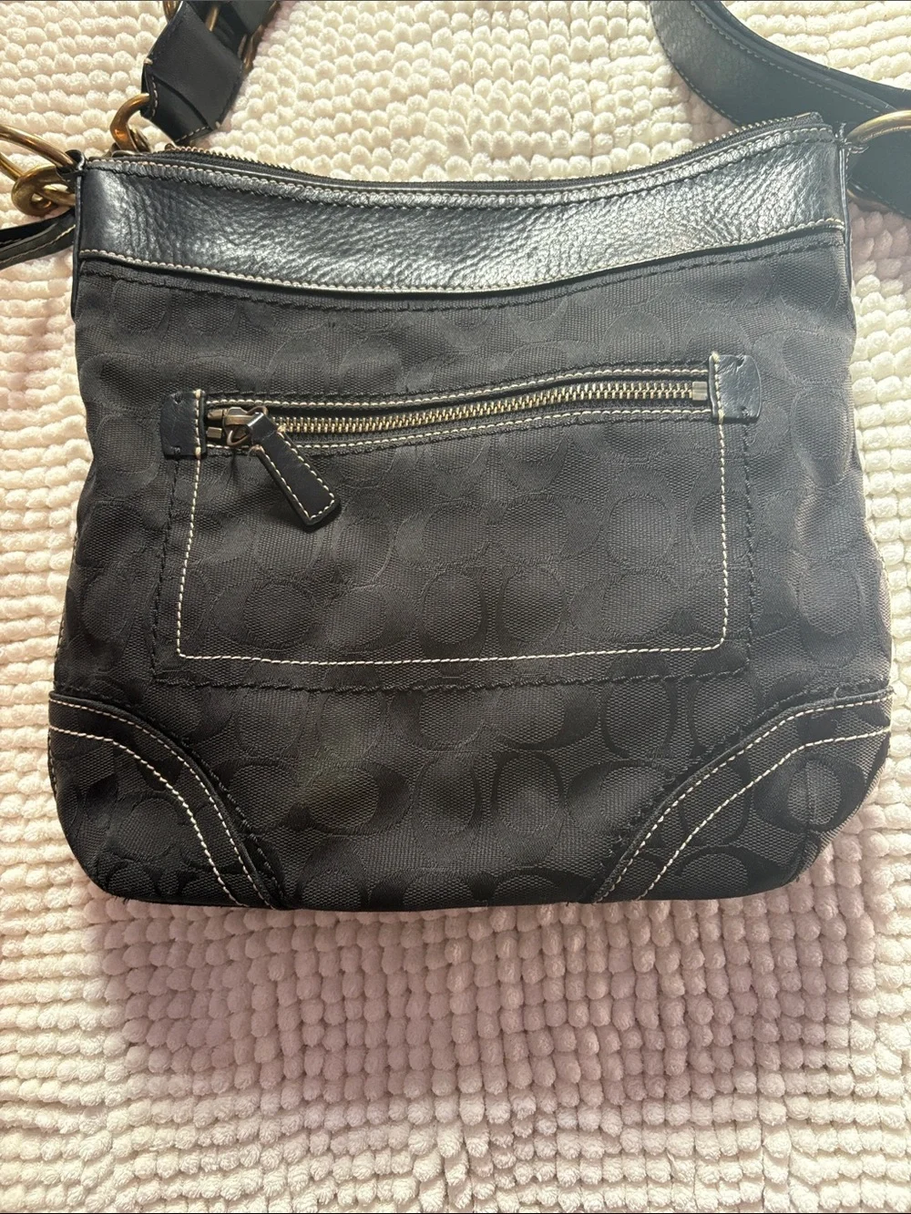 Coach Black Signature Canvas Shoulder Bag with Leather Trim